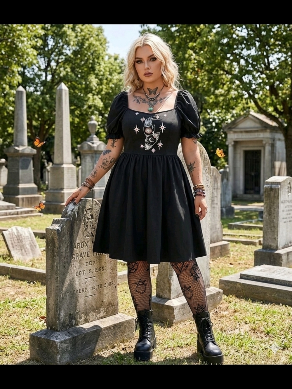 Black Puff-Sleeve Mini Dress with Occult Embroidery